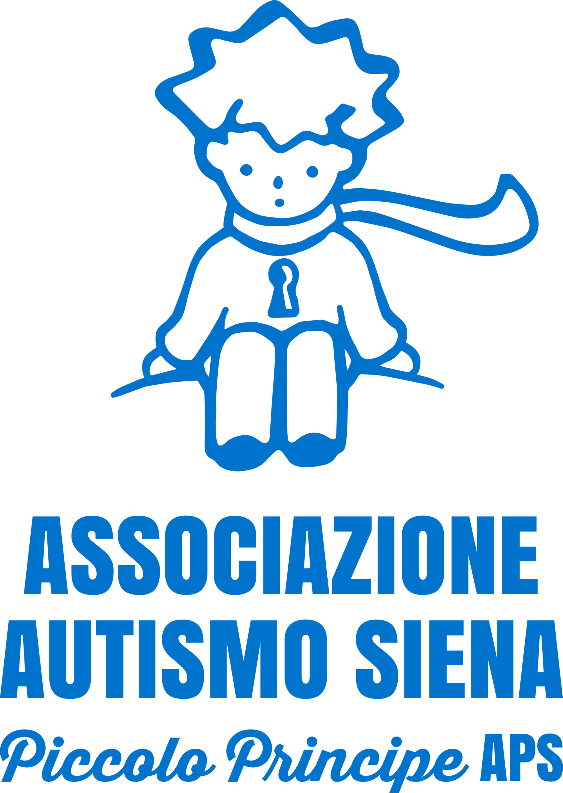 logo dell'associazione Autismo Siena, con un bambino che rappresenta il piccolo principe seduto su un pianeta, sul petto ha una serratura
