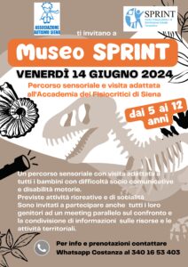 locandina di museo sprint con immagine di un dinosauro e fossili vari